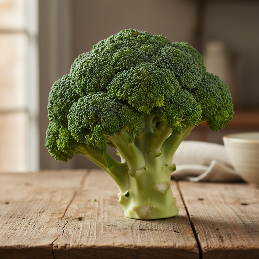Fresh organic broccoli on a rustic wooden surface